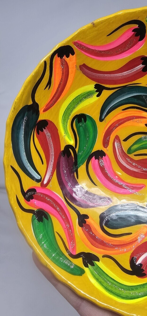 Mexican Folk Art Pottery Footed Bowl Hand Painted Dish Chili Pepper Motif Bright - Picture 10 of 10